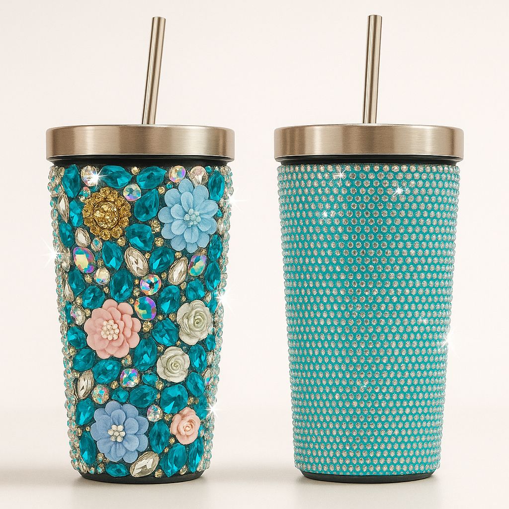 Two decorative tumblers with floral and polka dot patterns on a white background