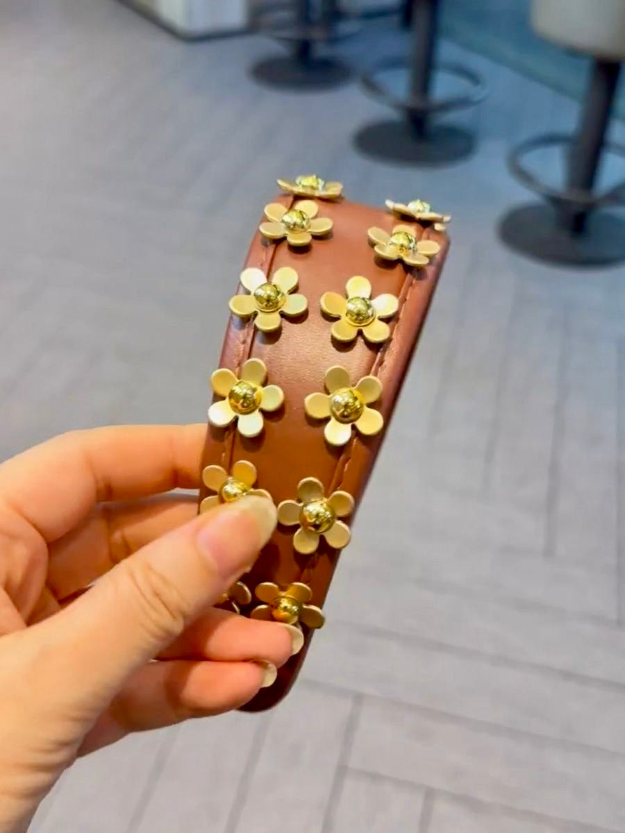 Handmade 3D Flower Studded Faux Leather Headband – Luxury Brown Statement Hairband