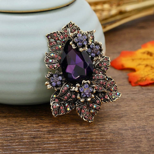 Imperial Amethyst Crystal Brooch – Regal Floral Masterpiece with Faceted Purple Gem | High-Luxury Statement Brooch for Elite Styling
