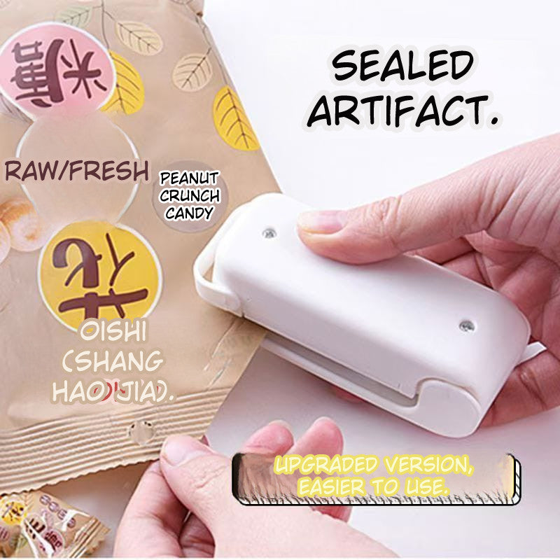 Hand using a white sealing device on a candy package with text indicating 'Sealed Artifact' and 'Oishi'.