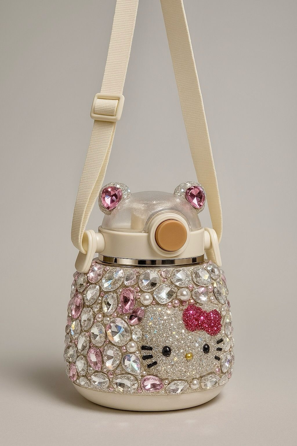Decorative water bottle with a cat design and embellishments on a neutral background