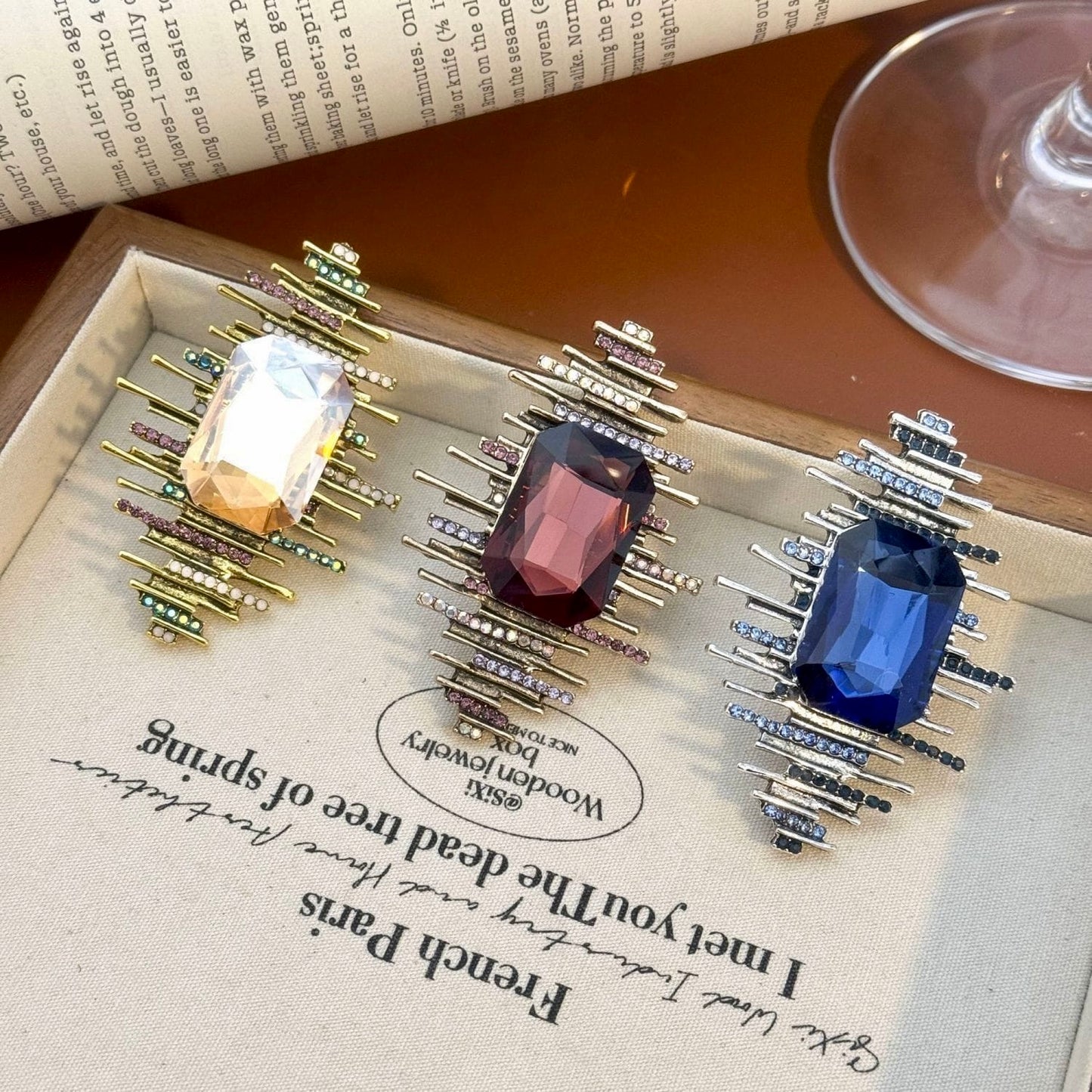 Imperial Prism Bar Brooch – Champagne Gold, Royal Blue & Garnet Crystal Statement