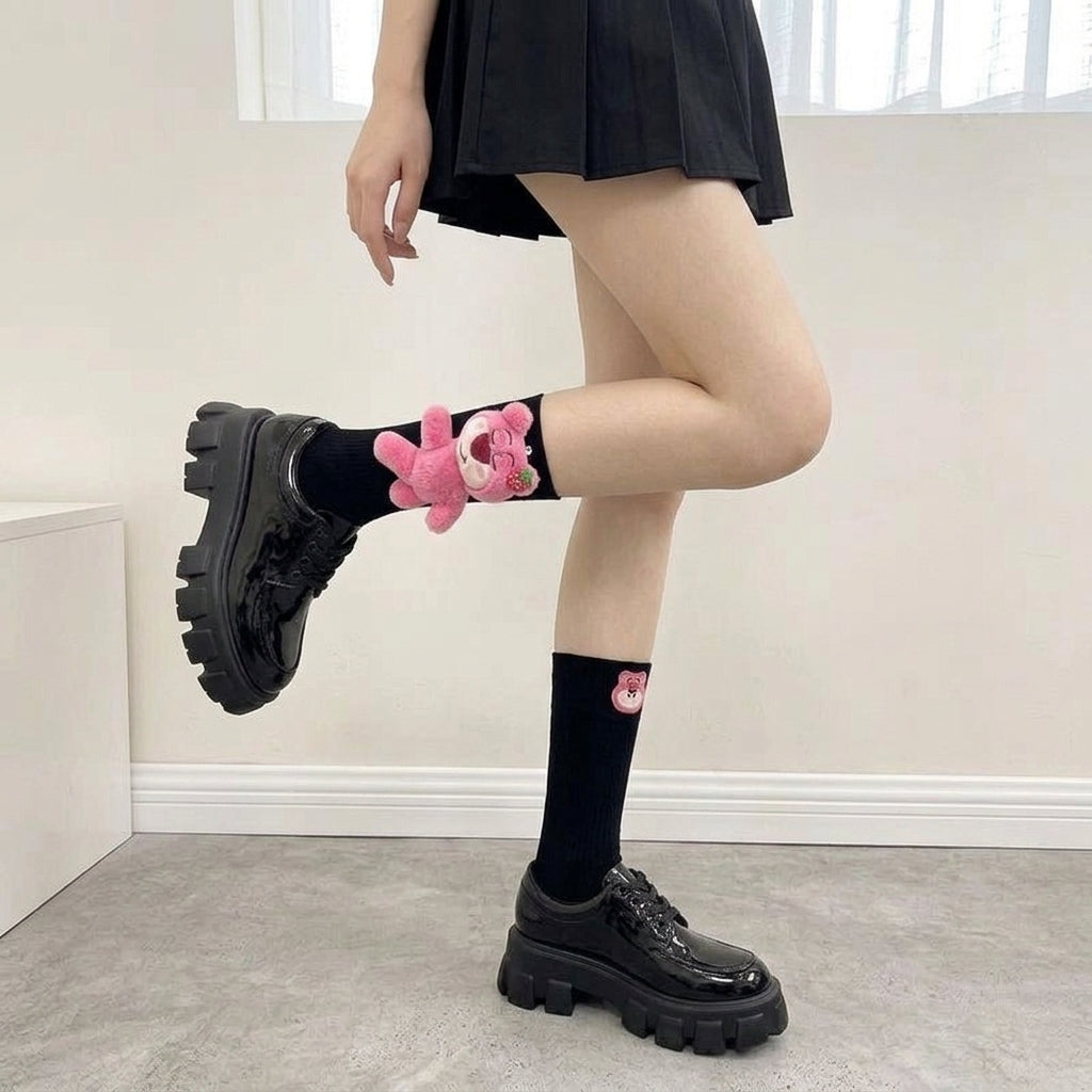 Strawberry Bear Doll Plush Socks – Cute Kawaii Fashion Socks (Mid Tube & Calf Length, White & Black Variants)
