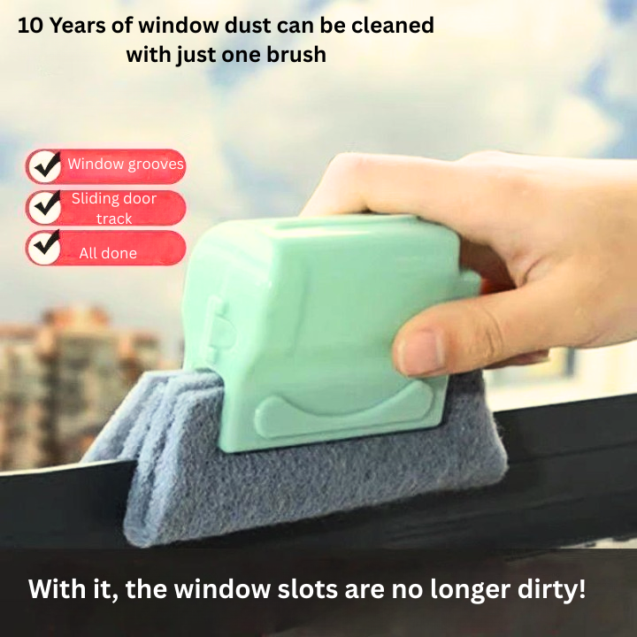 Green window cleaning brush with text highlighting its effectiveness on window grooves, sliding door tracks, and slots.
