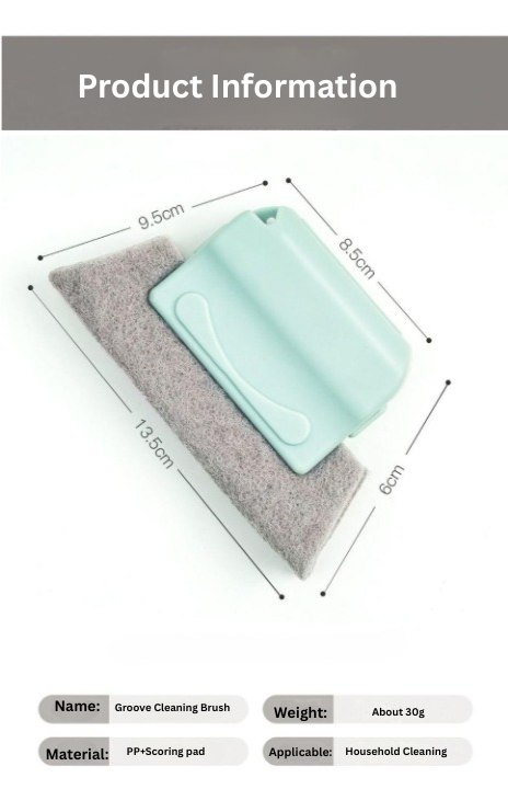 Groove cleaning brush with dimensions and product information on a white background