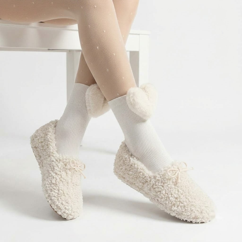 Plush Hearts Mid-Calf Socks for Women – Cute Cozy Calf Length Socks (White & Black)