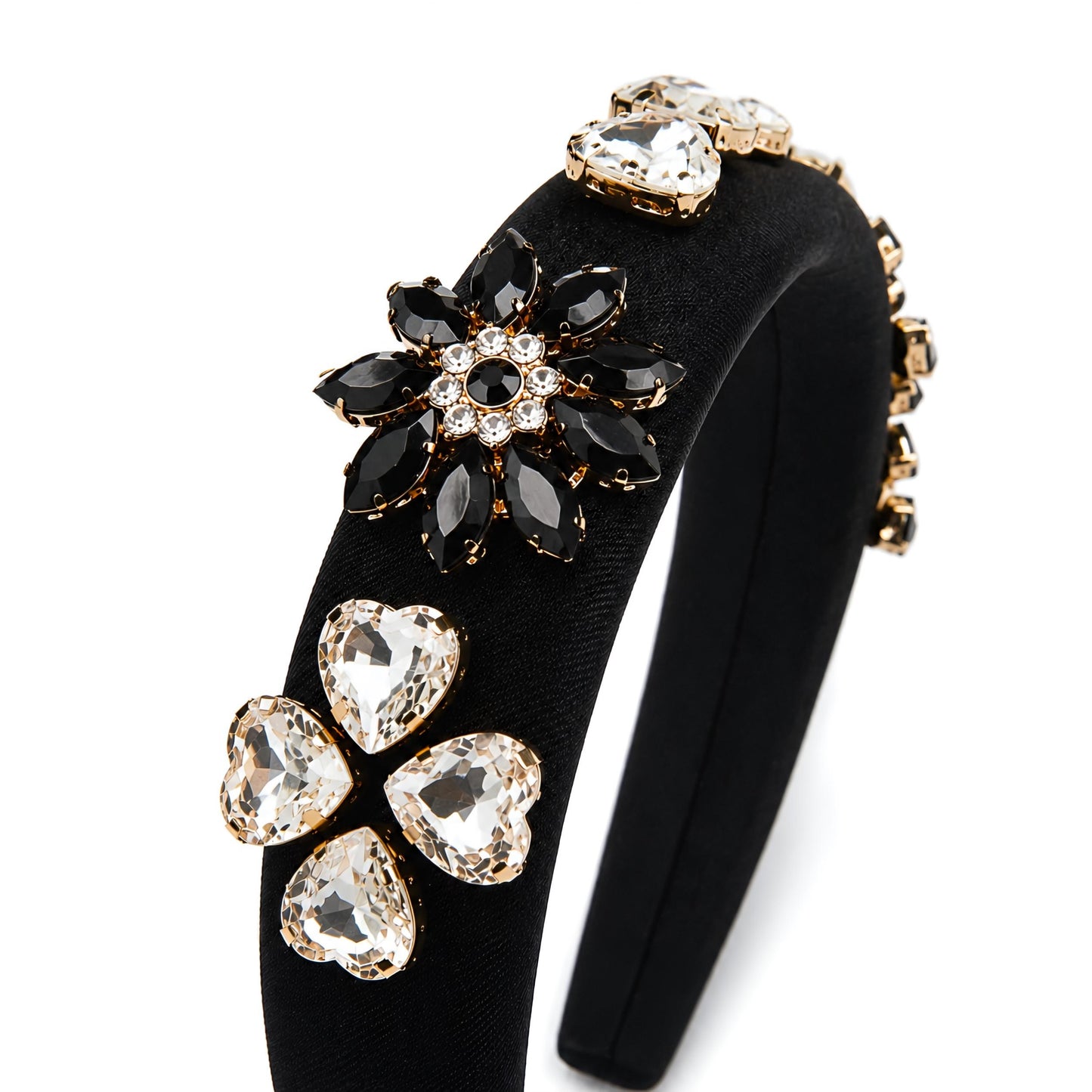 Luxury Black Embellished Padded Headband for Women | Crystal & Stone Studded Hairband | Premium Statement Hair Accessory