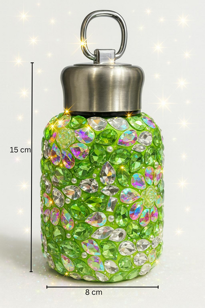 Luxury Rhinestone Stainless Steel Bottle – Crystal Bling Flask with Floral Accents (Pink/White/Green)