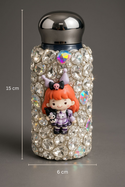 Decorative bottle with a character figure and crystal embellishments, shown with measurements on a gray background.