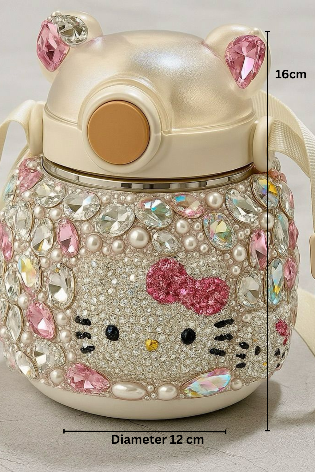 Decorative water bottle with gemstones and measurements on a neutral background