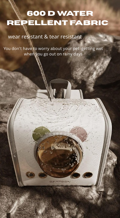 Waterproof pouch with water droplets on a rocky background, emphasizing water repellent fabric.