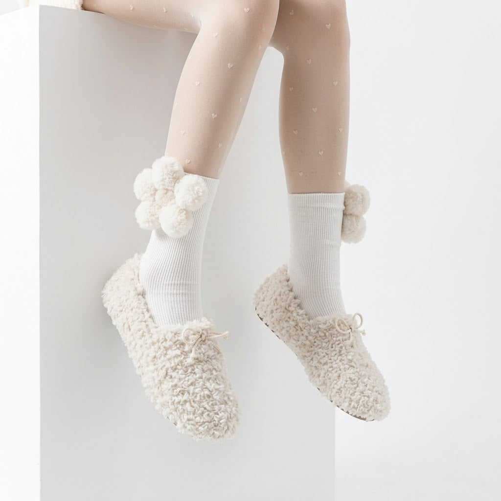 Plush Hearts Mid-Calf Socks for Women – Cute Cozy Calf Length Socks (White & Black)