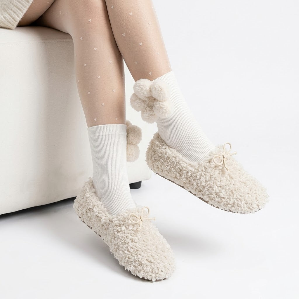 Plush Hearts Mid-Calf Socks for Women – Cute Cozy Calf Length Socks (White & Black)