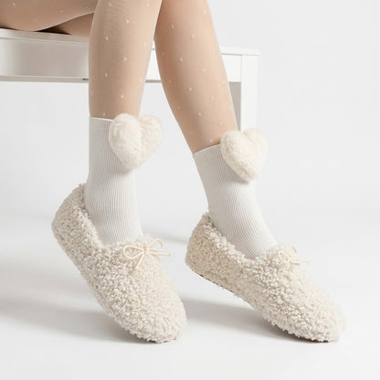 Plush Hearts Mid-Calf Socks for Women – Cute Cozy Calf Length Socks (White & Black)