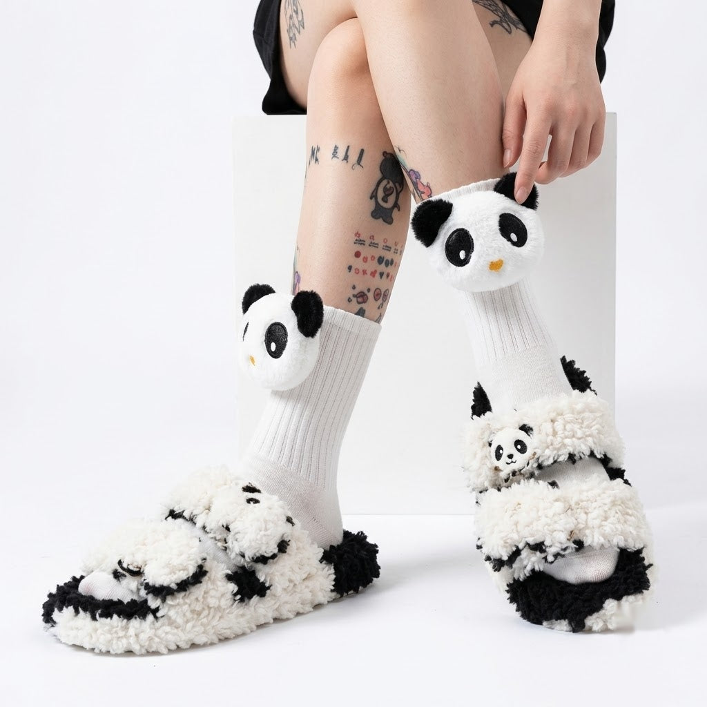 Cute 3D Panda Socks – White & Black Plush Cartoon Animal Socks for Women & Girls