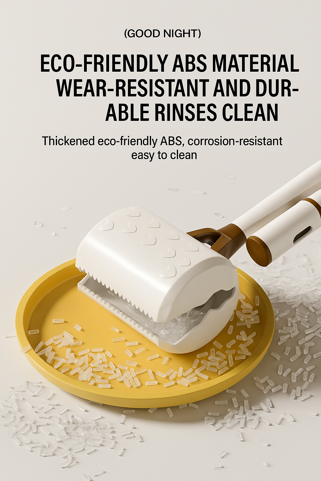 Cleaning tool on a yellow plate with rice, text about eco-friendly material and durability.