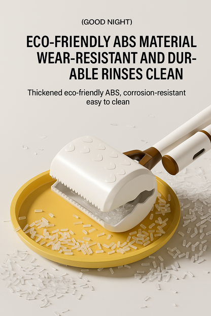 Cleaning tool on a yellow plate with rice, text about eco-friendly material and durability.