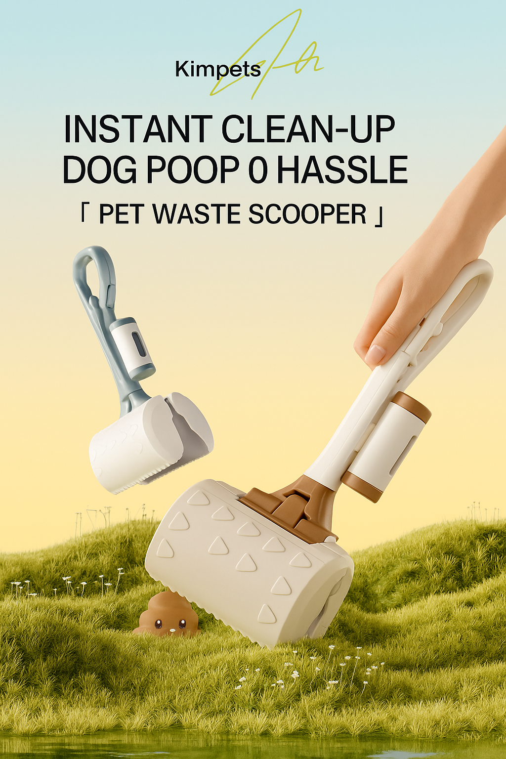 Pet waste scooper with a grassy background and text 'Instant Clean-Up Dog Poop 0 Hassle'.