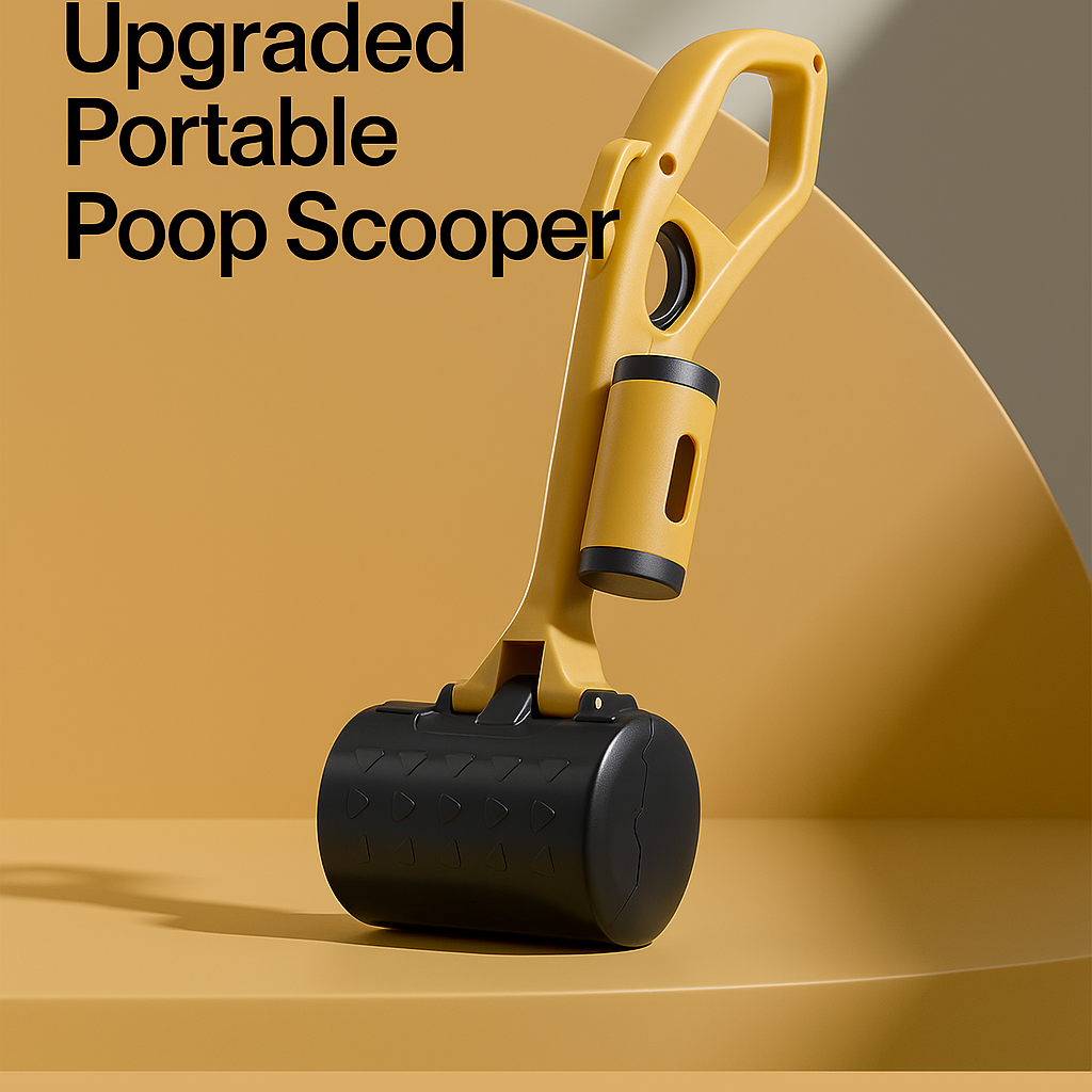 Yellow and black portable poop scooper on a beige background with text 'Upgraded Portable Poop Scooper'.