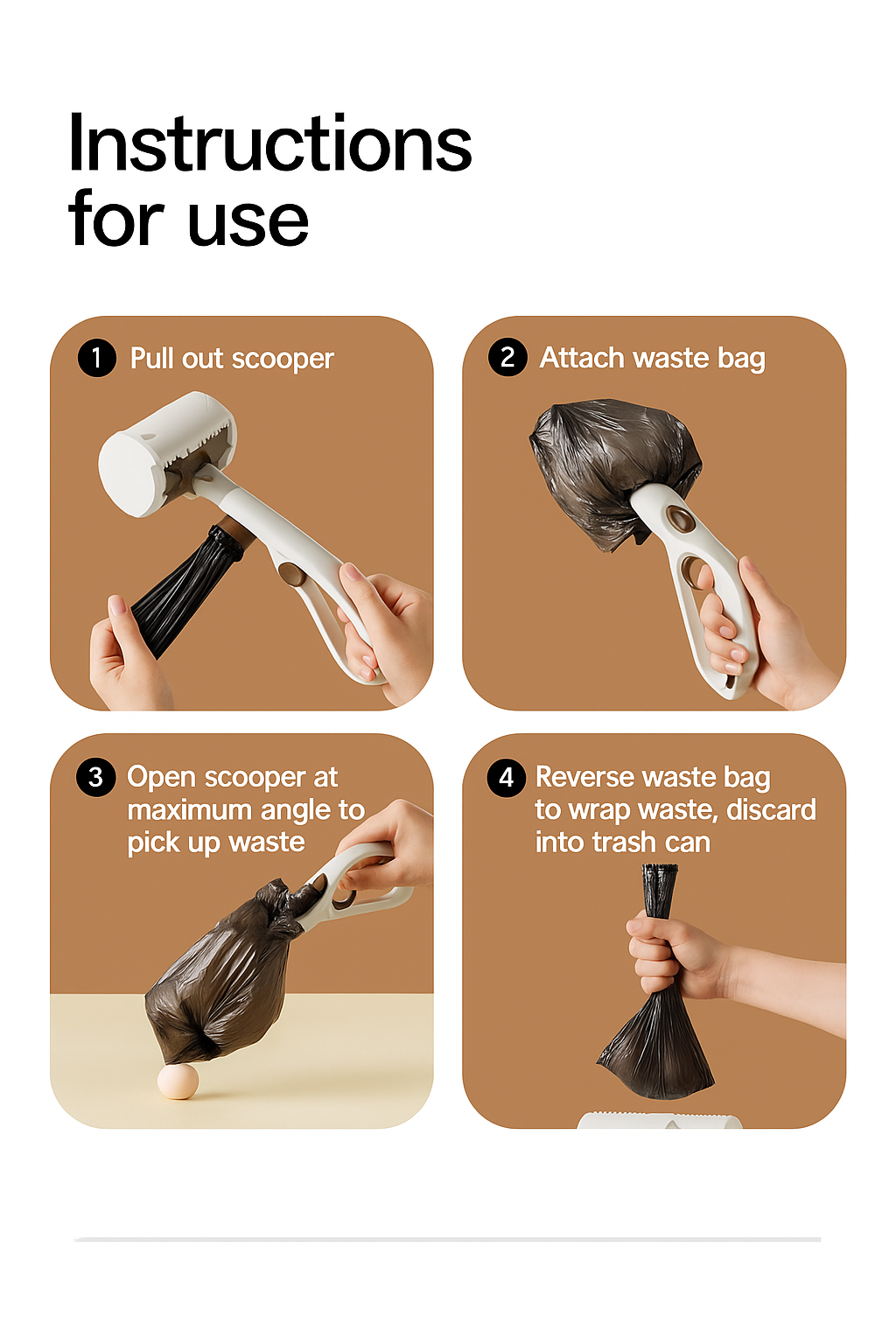 Step-by-step instructions for using a waste bag dispenser on a beige background
