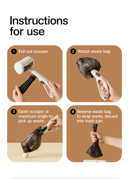 Step-by-step instructions for using a waste bag dispenser on a beige background