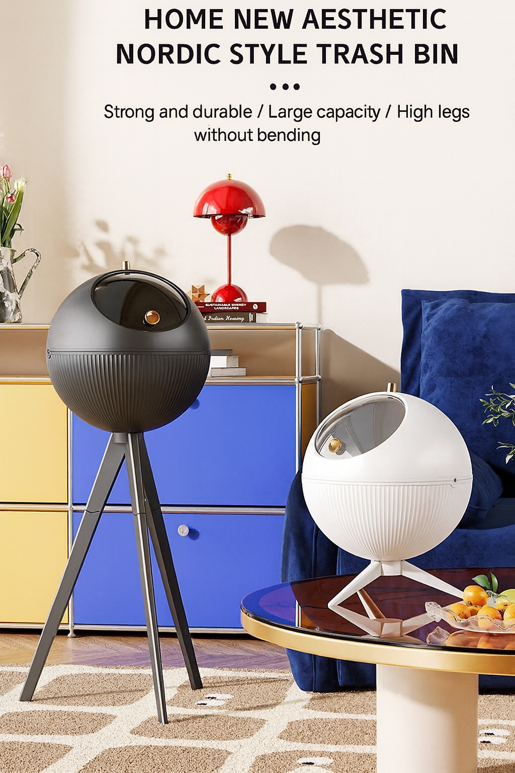 Two stylish trash bins, one black and one white, in a modern living room setting.