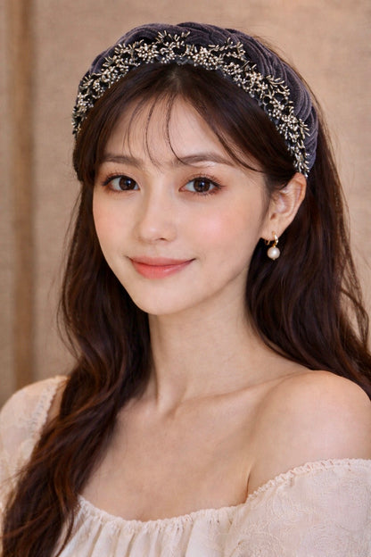 Slate Gray Velvet Braided Headband – Beaded Elegance in Timeless Style