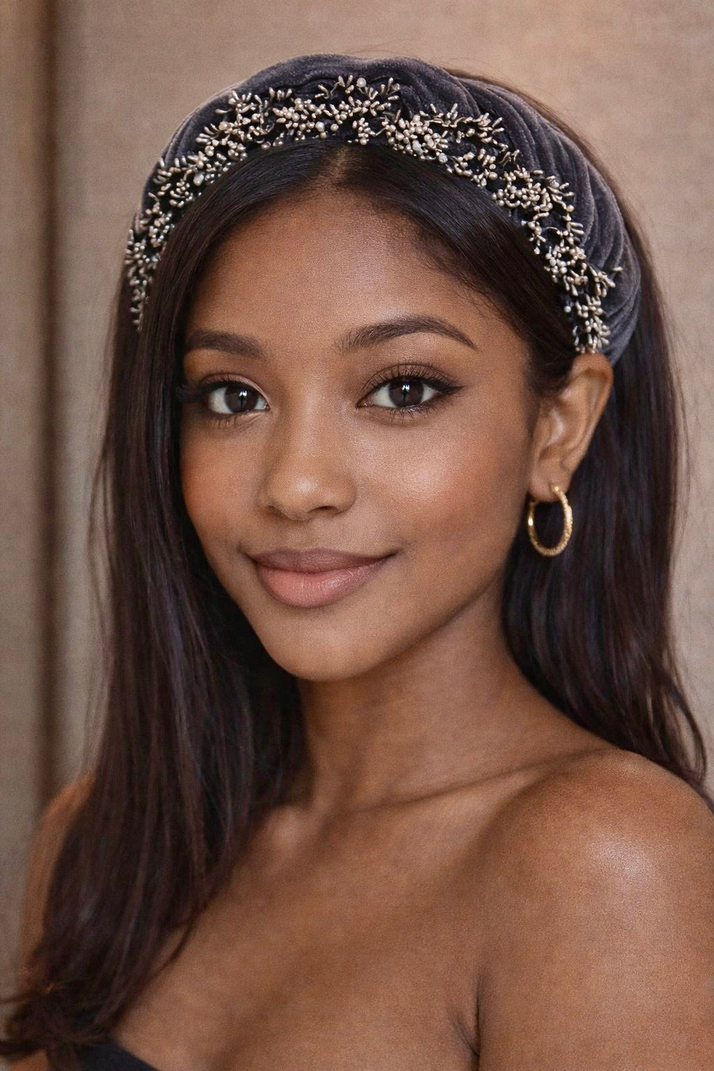 Slate Gray Velvet Braided Headband – Beaded Elegance in Timeless Style