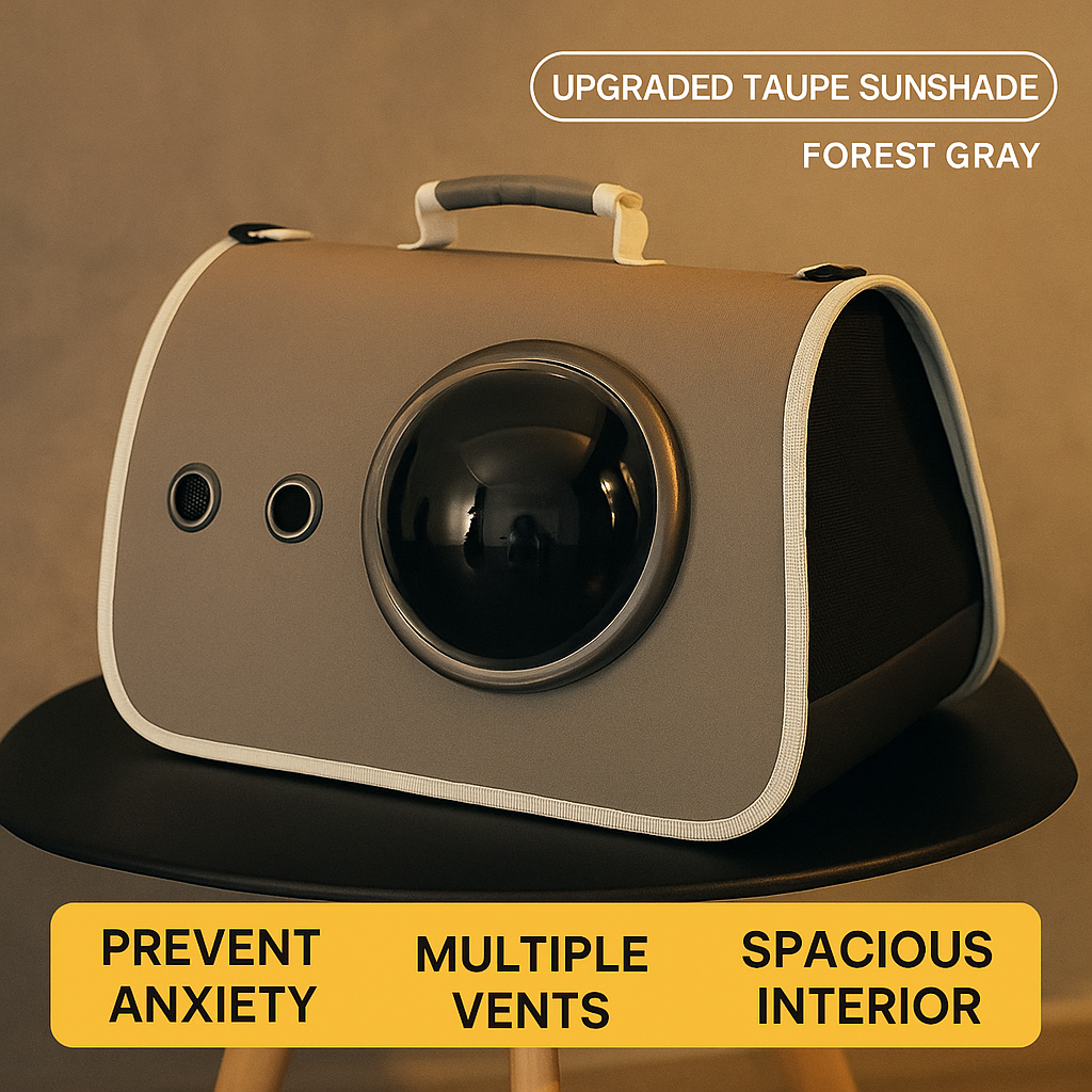Pet carrier with upgraded taupe sunshade on a brown background