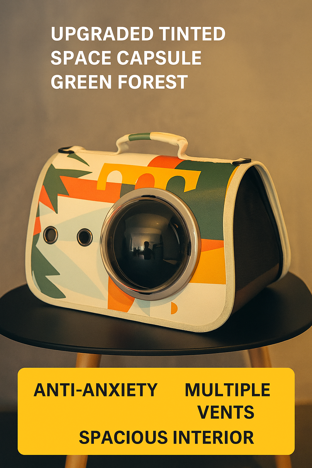 Colorful space capsule-shaped product on a stand with text about features and color.