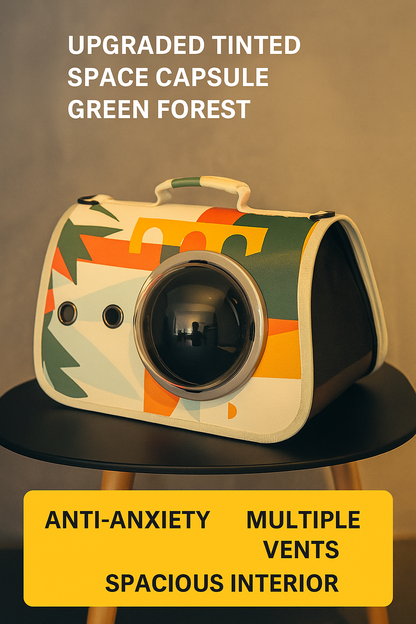 Colorful space capsule-shaped product on a stand with text about features and color.