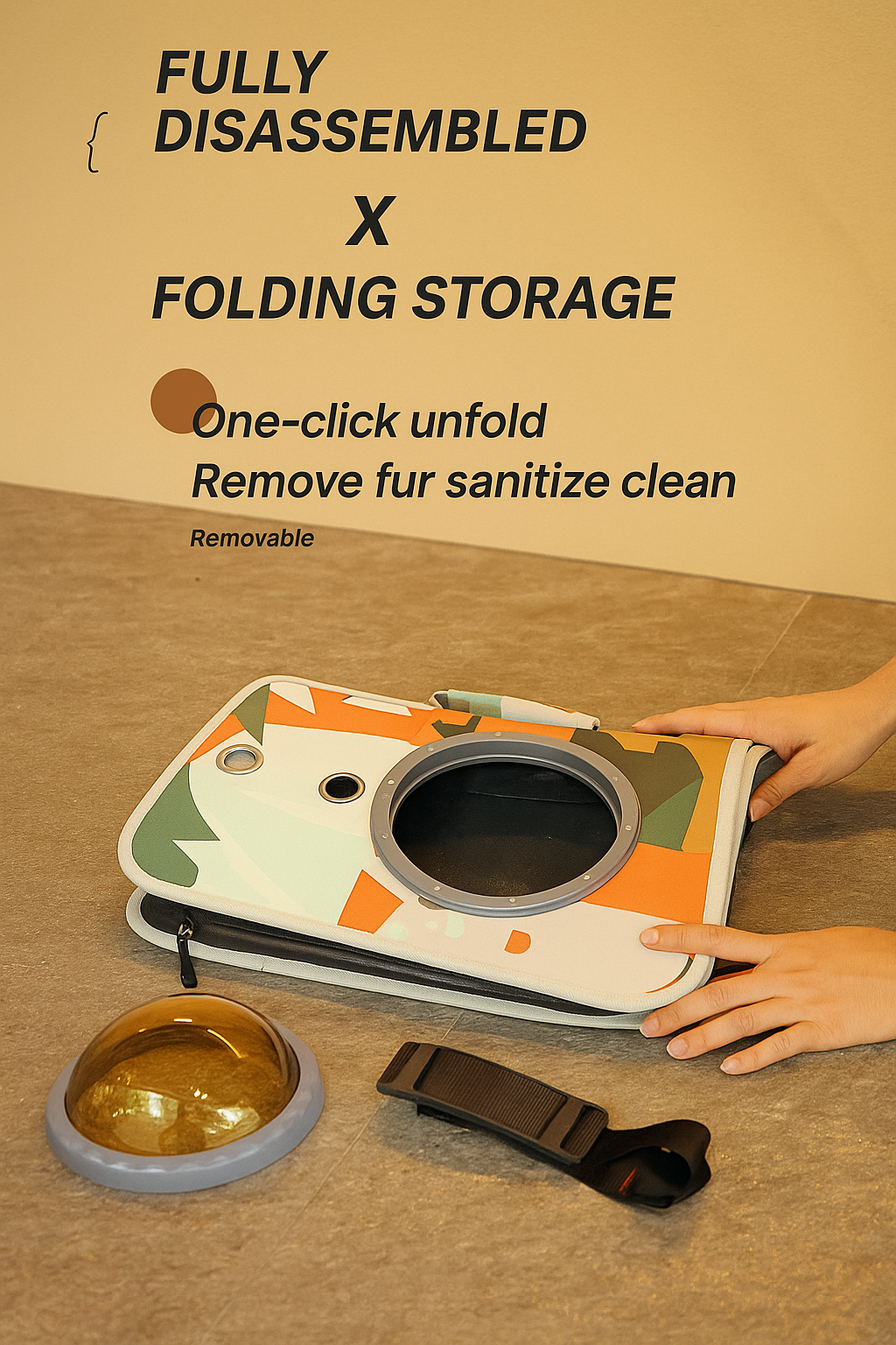 Pet folding storage with one-click unfold feature on a wooden surface