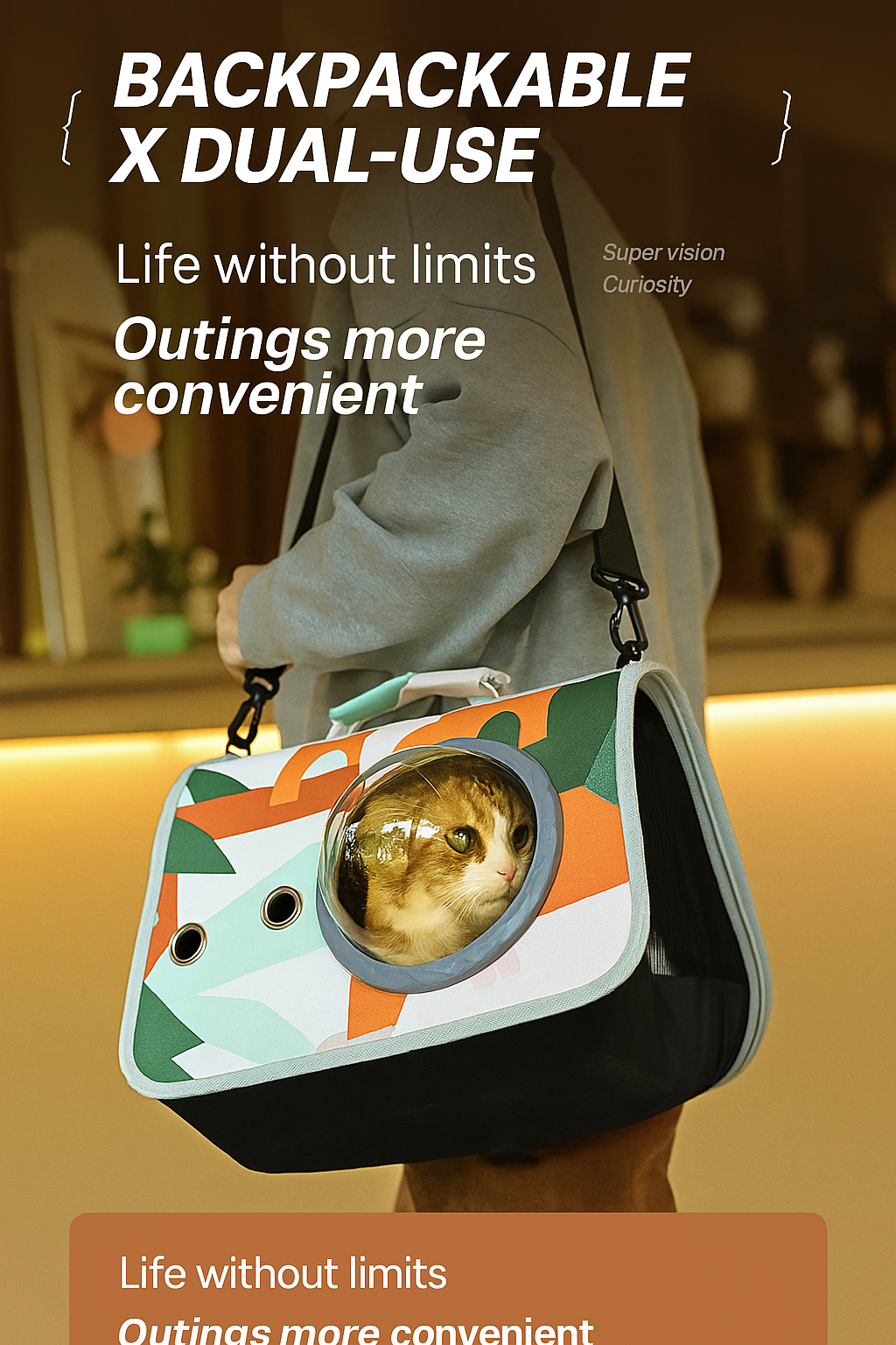 Pet carrier with a cat inside, held by a person, with promotional text about its backpackable and dual-use features.