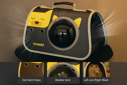 Pet carrier with cat face design and Moehu branding on a brown background
