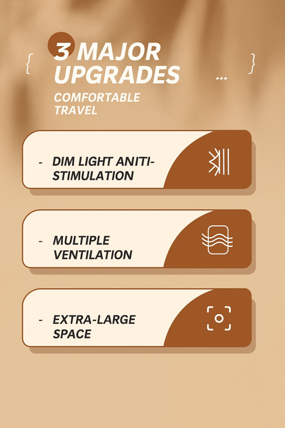 Three major upgrades for comfortable travel on a beige background with brown accents.