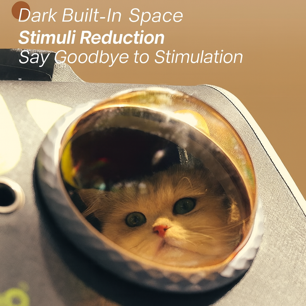 Cat peeking out from a dark built-in space with text about stimuli reduction.