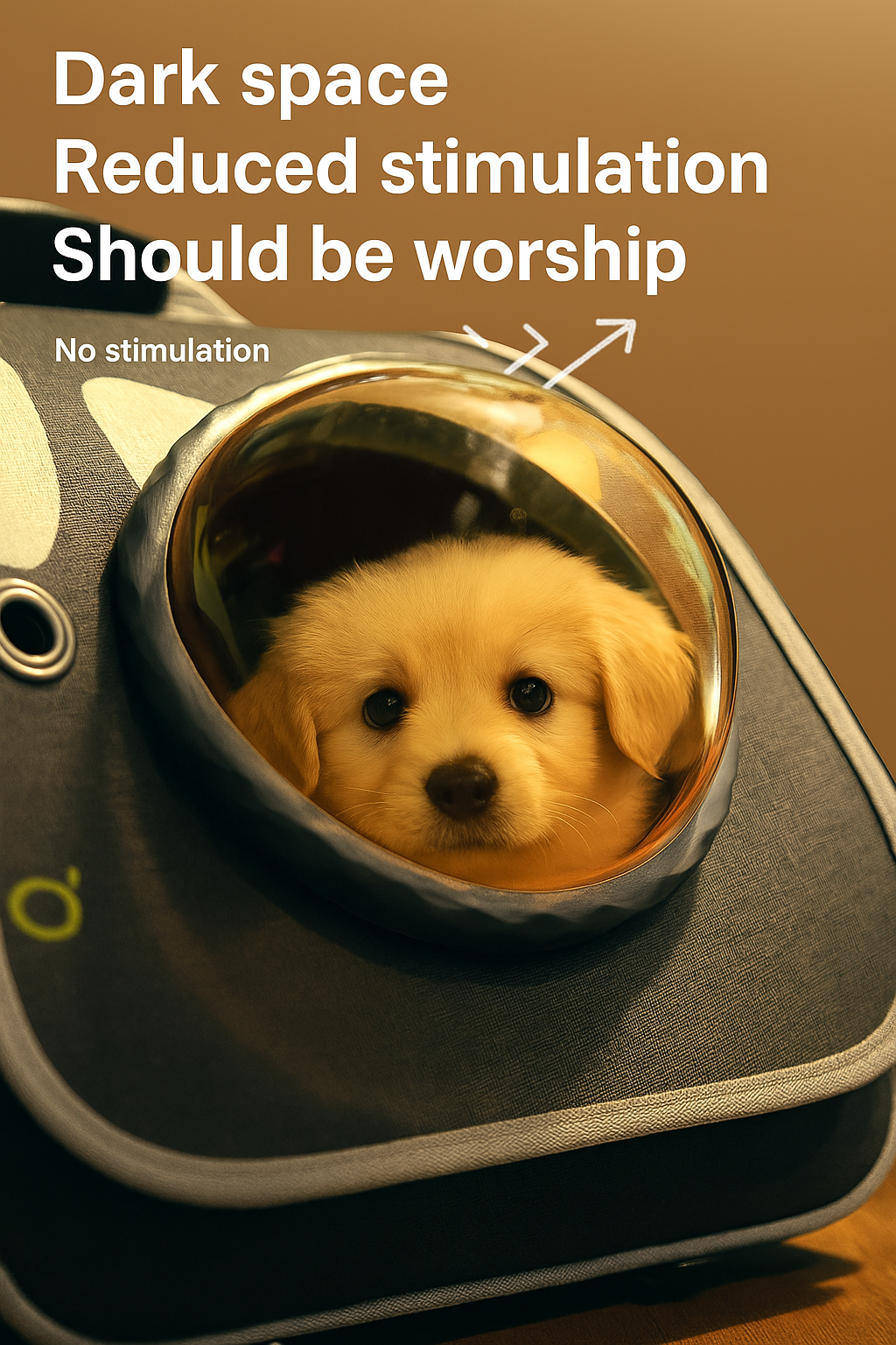 Puppy in a space helmet with text about reduced stimulation and worship on a brown background