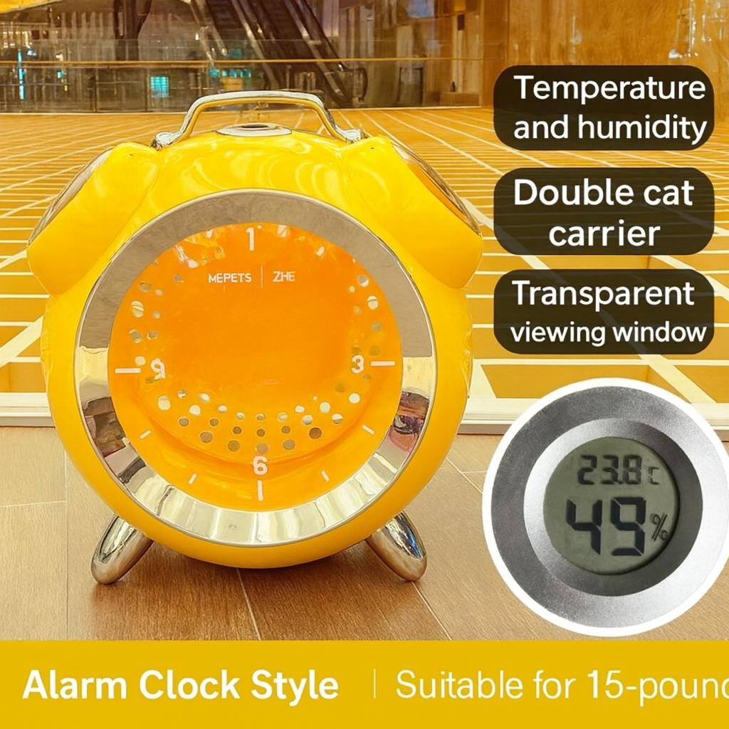 Yellow alarm clock with temperature and humidity display on a wooden floor.