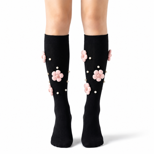 Pearl Flower Calf Socks for Women – White & Black | Cute Embroidered Socks with Pearls