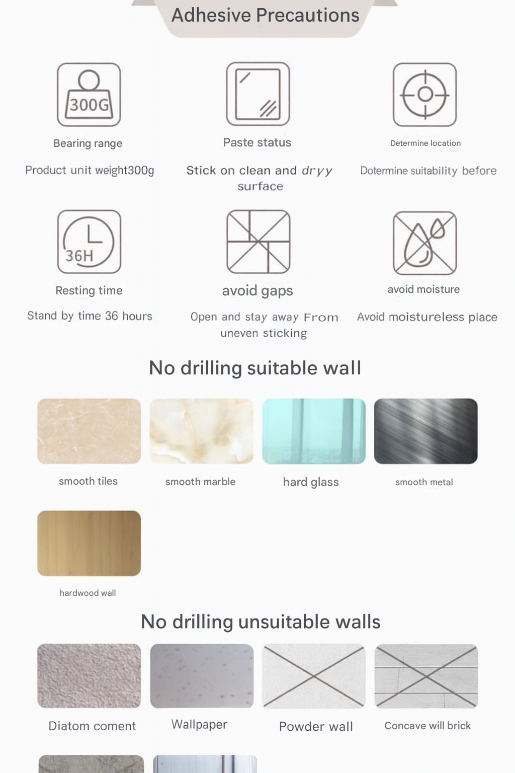 Adhesive precautions for wall stickers with icons and text on a white background