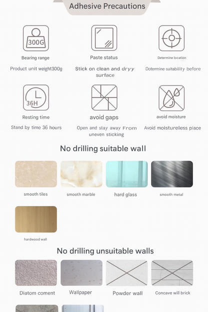 Adhesive precautions for wall stickers with icons and text on a white background