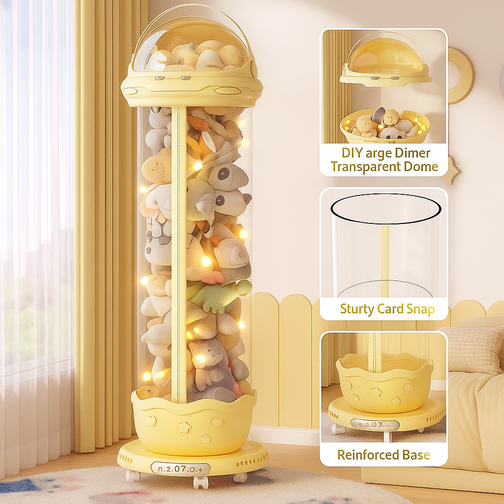 Decorative stand with stones and lights in a room setting, featuring text on product features.