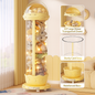 Decorative stand with stones and lights in a room setting, featuring text on product features.