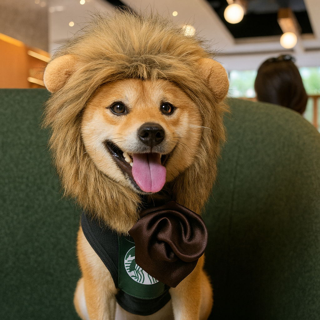 Dog wearing a lion costume with a Starbucks shirt indoors