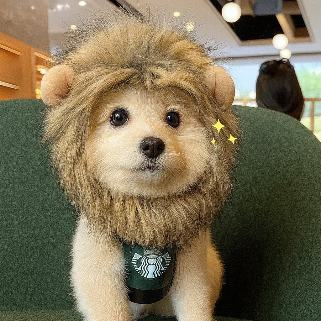 Dog wearing a lion costume with a Starbucks cup, sitting on a green couch.
