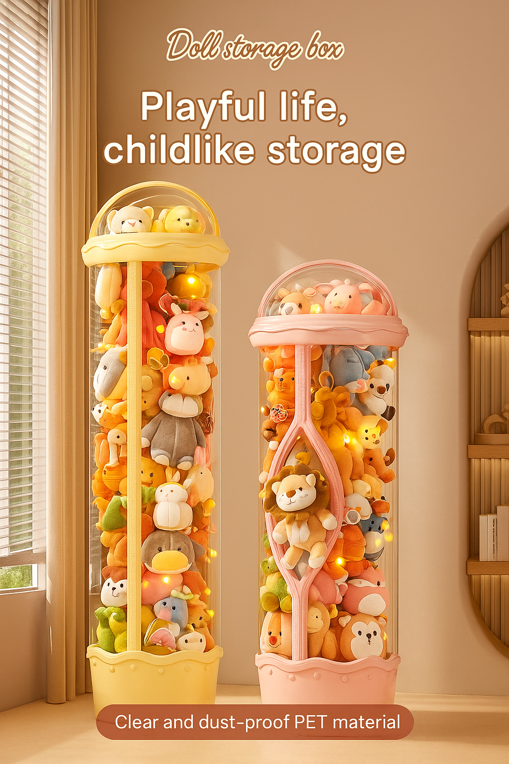Two colorful doll storage boxes filled with toys against a beige wall.