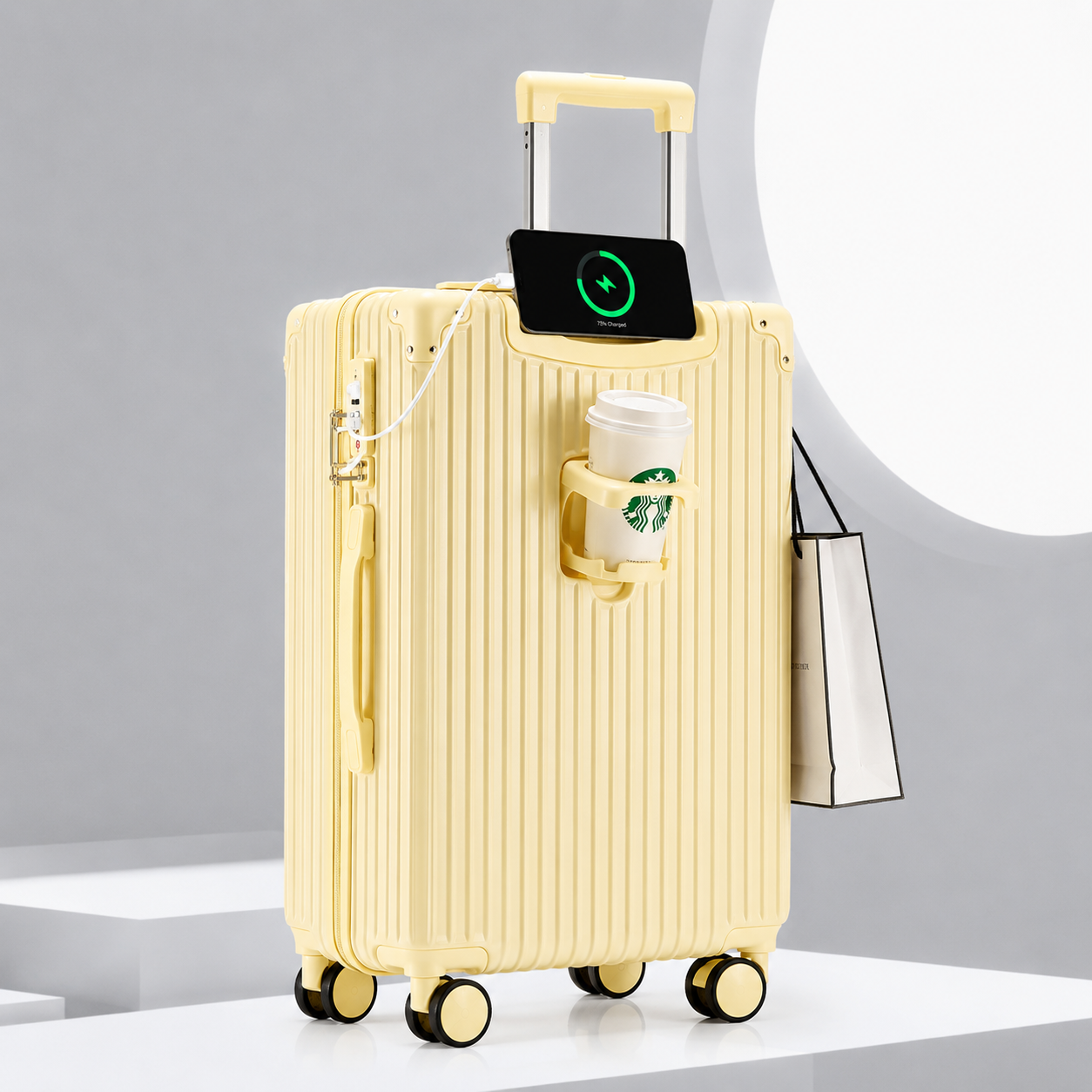 Cabin Bag 20 Inches with USB Port & Cup Holder – Cream White, Black, Lemon Yellow, Sky Blue, Pink | Lightweight ABS+PC Travel Luggage