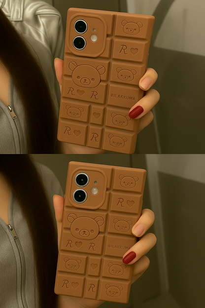 Chocolate Bar iPhone Case | Cute 3D Rilakkuma Silicone Cover for iPhone 14, 15, 16 Series