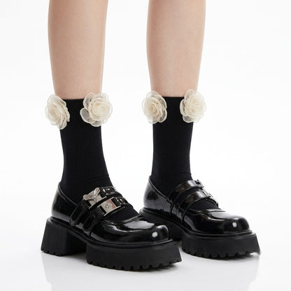 Mesh Flower Ankle Socks – Black & White Frill Socks | Cute Lolita Style Calf Socks for Women & Girls