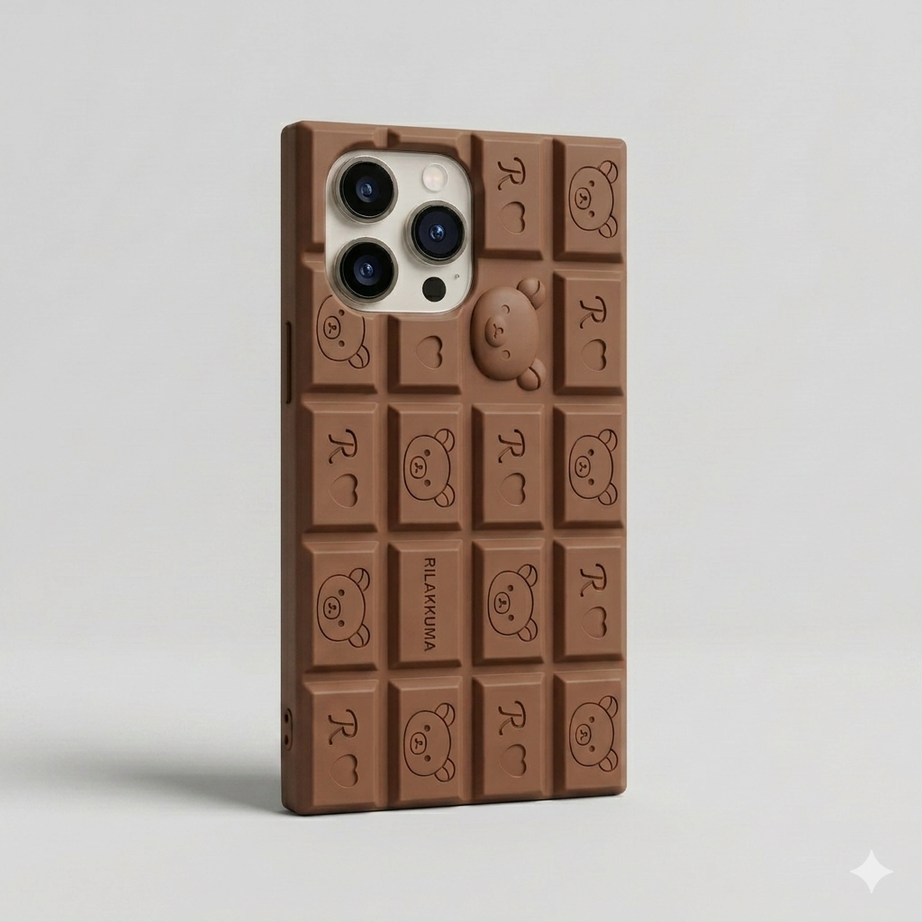 Chocolate Bar iPhone Case | Cute 3D Rilakkuma Silicone Cover for iPhone 14, 15, 16 Series